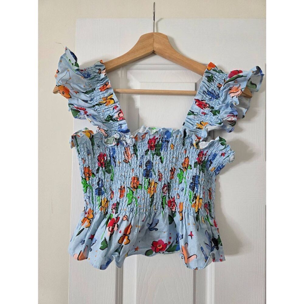 HILL HOUSE The Ellie Crop Top Light Blue Space Floral Size L - Picture 2 of 7